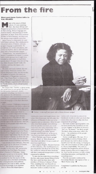 1986 Val Wilmer interview with African-American jazz poet Jayne Cortez, on the importance of Jayne in Black history and culture. Illustrated with black and white photo of Cortez, seated, looking intently at camera.