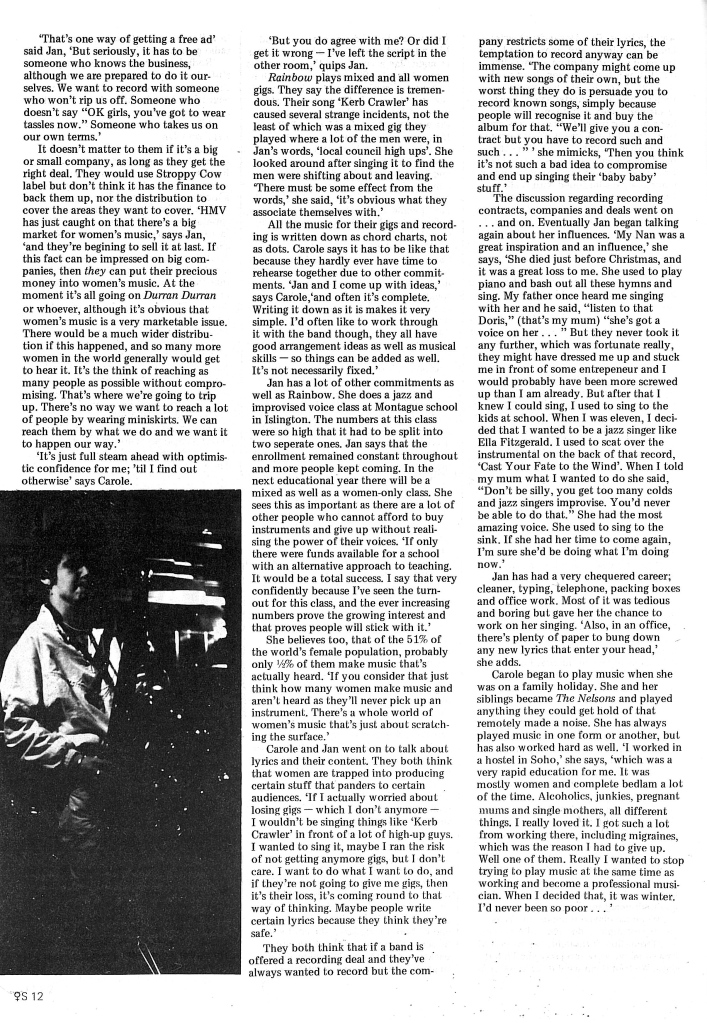Continuing an article based on interviews with Carol Nelson and Jan Ponsford, of the Rainbow Trout Quintet, in wihc they discuss jazz, and the difference between mixed adn women only gigs, and the tape they have made. A photo of Angele Veltmeyer playing a saxophone accompanies the article.