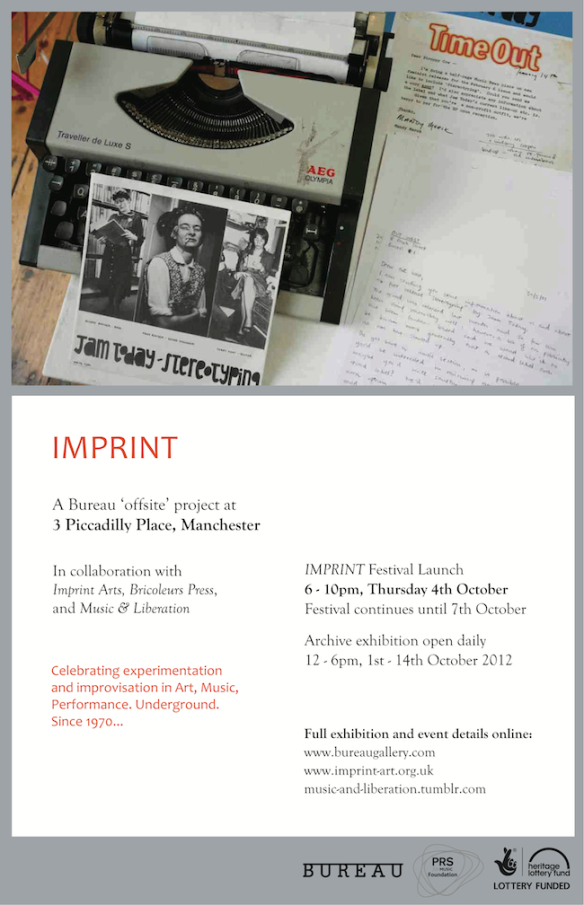Invitation for the Manchester exhibition. Picture includes a typewriter, the Jam Today 7 " Stereotyping, and a series of letters written by Alison Rayner to publications such as Time Out asking for reviews of the 7" record. The flier gives details of exhibition opening times and venue which can be found in the text in the post.